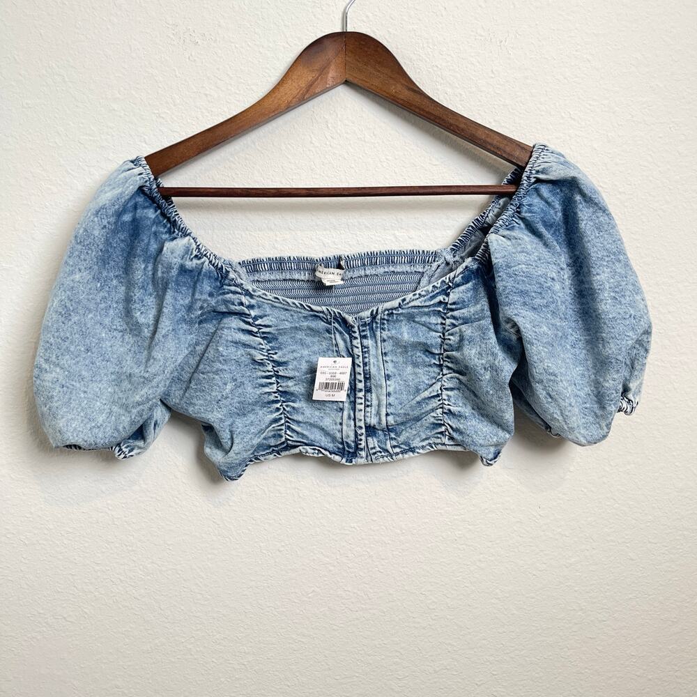 American Eagle Denim Puff Sleeve Smocked Crop Top Medium NWT